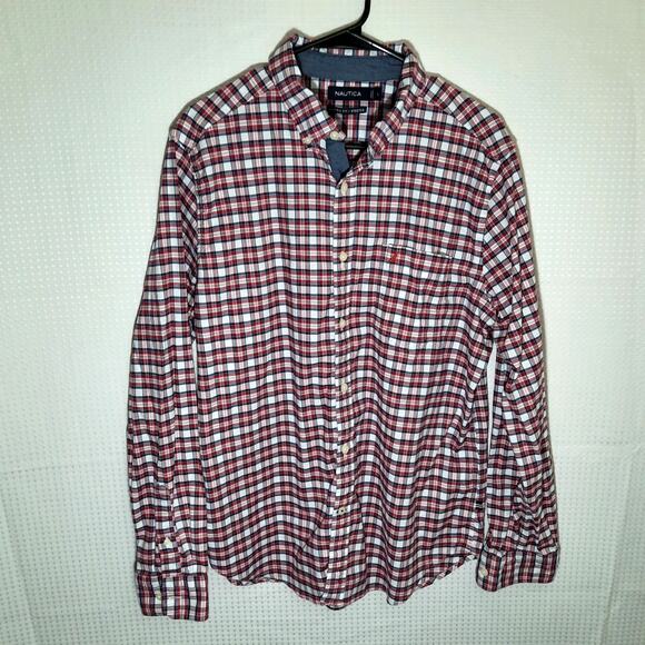 Nautica L Shirt Men's Red Plaid Button Down Classic Fit Stretch Cotton Mauritius - Picture 1 of 6